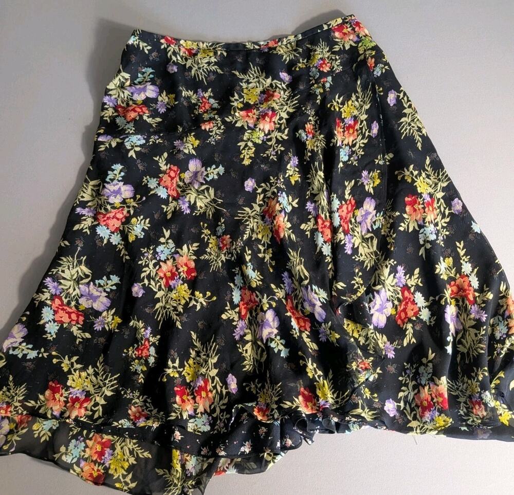 Jones New York 100% Silk Floral A Line Skirt Black Size 16 Romantic Garden Party